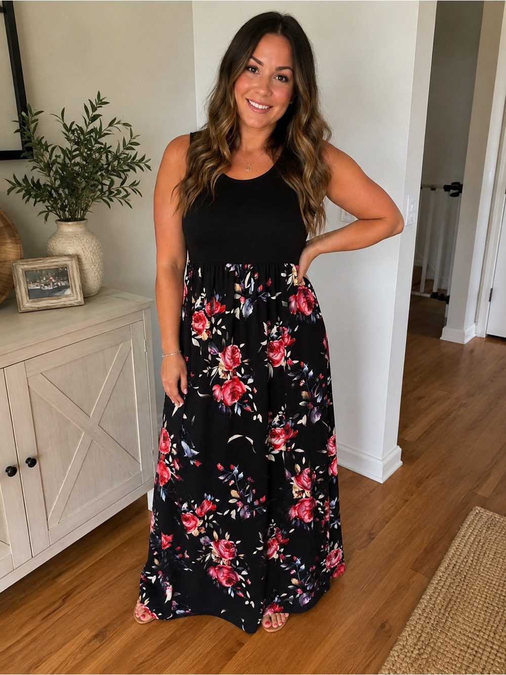Sleeveless Black Floral Maxi Dress with Red Rose Print